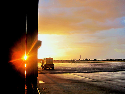 tarmac, hanger door, airfield, airport, sunset, glow
