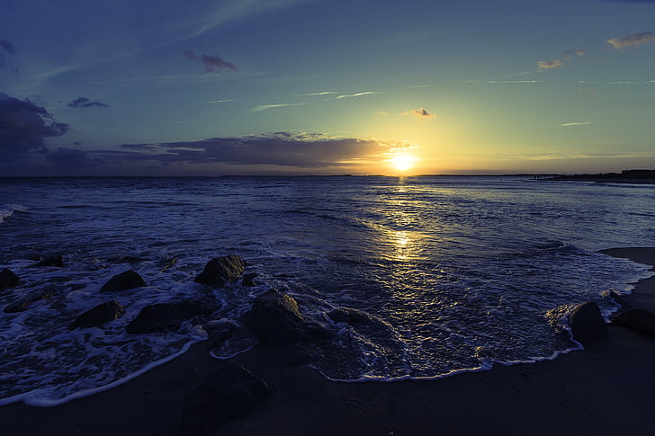 берег моря, Захід сонця, Фотографія, пляж, океан, море, горизонт
