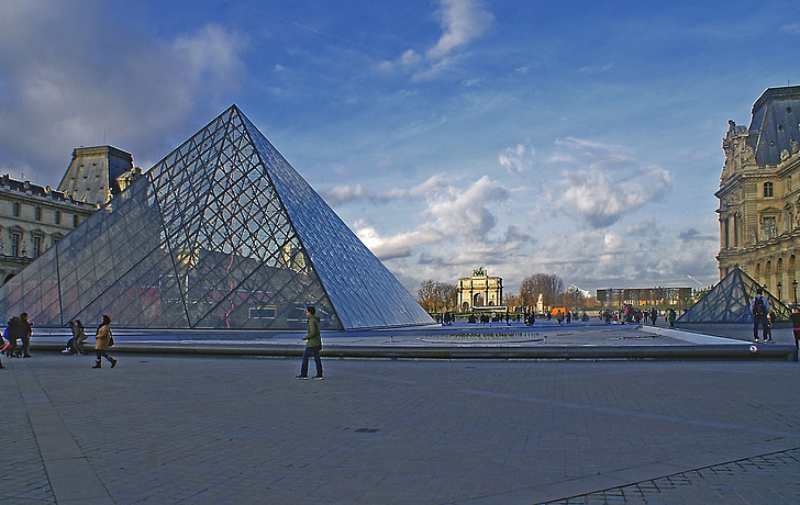 piramis, a tervezés a, fém, üveg, épület, a háttérben, Louvre