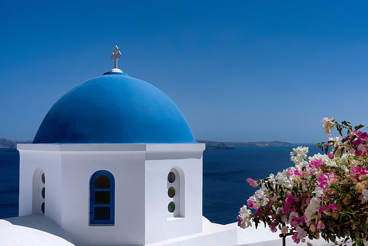 santorini, blue, dome, island, greece, travel, white