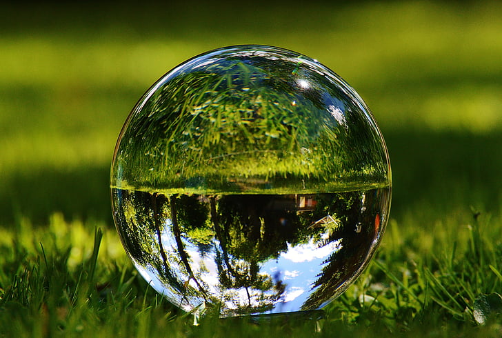 Стеклянный шар, Зеркальное отображение, Луг, Сад, трава, отражение, мяч