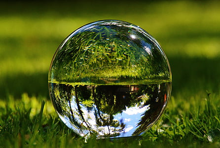 stiklo kamuolys, atvaizdavimas, pieva, sodas, žolės, atspindys, kamuolys