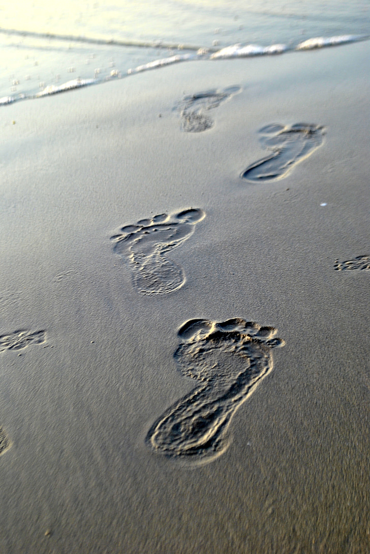 passos, areia, traços, com os pés descalços, pegada, praia, pé