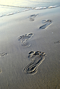 voetstappen, zand, sporen, blote voeten, voetafdruk, strand, wandeling