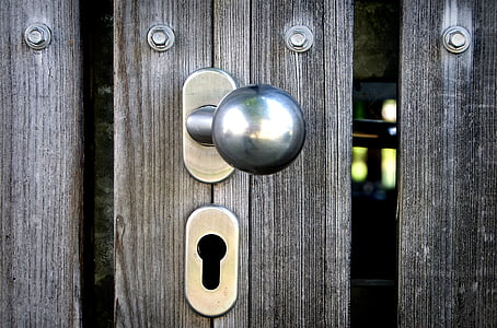 dveře, kliku, klíčovou dírkou, dřevo, dřevěný