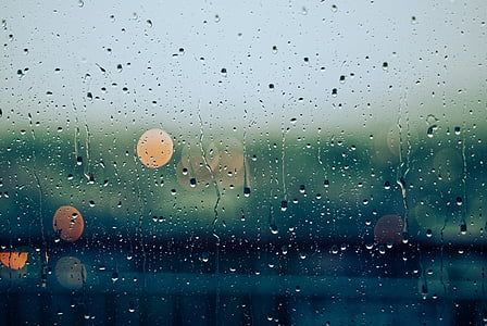 rain, drops, wet, glass, lights, bokeh, window