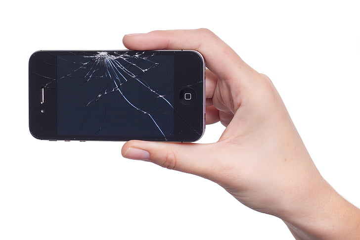 Poma, iPhone, exhibició, danys, trencat, pantalla, telèfon mòbil