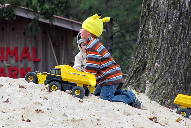boys, playing, children, toys, sand, happy, childhood