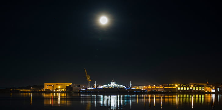 moon, shipyard, crane, port, boat, industrial, dockyard