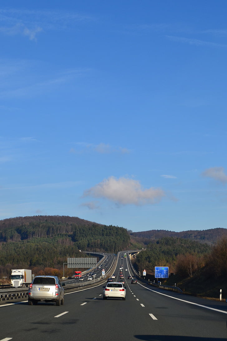 highway, drive, sky, blue, cloud, autos