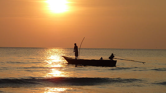 pesca ao pôr do sol, Fischer, Crepúsculo, pesca, peixe, captura de peixes, paisagem