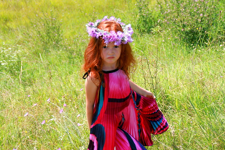 chica, guirnalda, pelo rojo, Vestido, MOV, flores, naturaleza