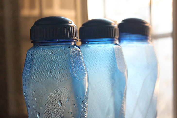 botol, plastik, kontainer, air, dingin, biru, cairan