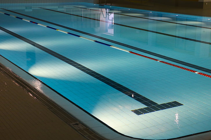 piscina climatitzada, piscina, carril, il·luminació, aquarel·la, blau