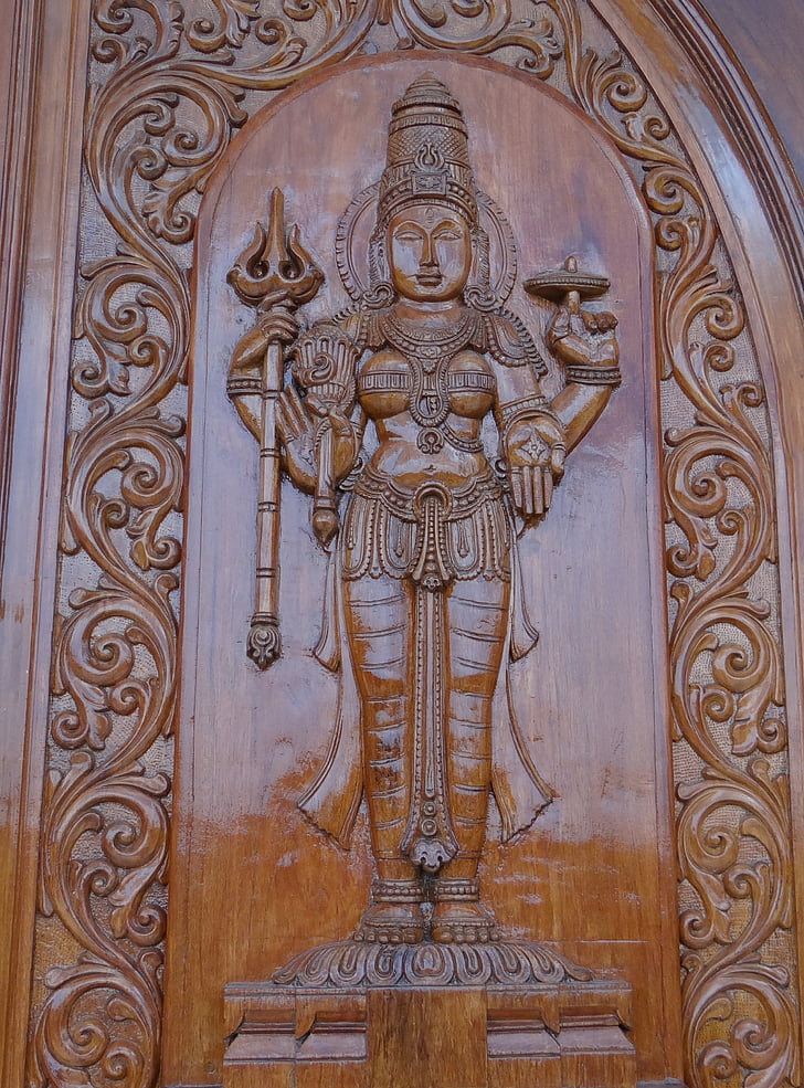 carving, wooden, goddess, lakshmi, door panel, india