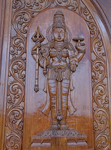 veistos, puinen, jumalatar, Lakshmi, oven paneelin, Intia