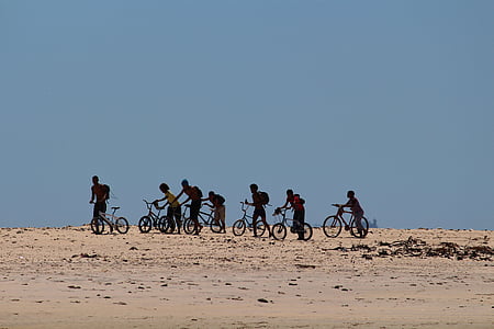children, south africa, bicycles, beach, sea, group, black