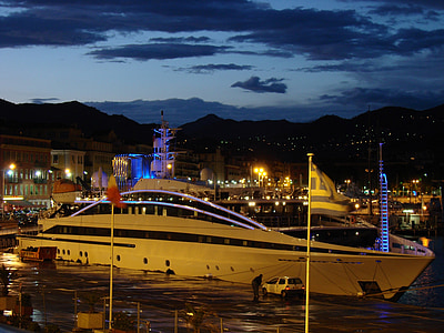 sunset, megayacht, yacht, ship, port, dock, lights