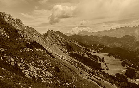 mountain, mountain range, sepia image, clouds, sky, valley, landscape