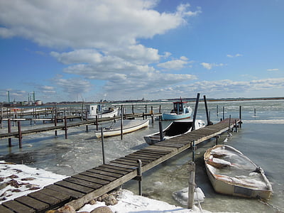 natural harbor, jetty, ice, water, winter, blue sky, white clouds