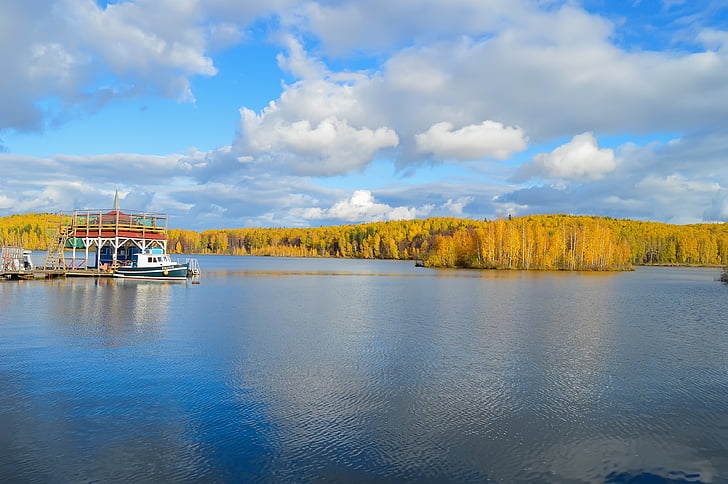 Herbst, Teich, Fluss, Boot, Wasser, Wald, gelber Wald