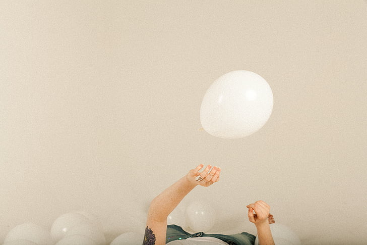 person, touching, white, balloon, people, girl, hand