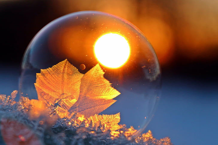hardest, soap bubble, eiskristalle, afterglow, sunset, winter, frost