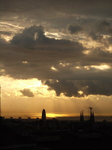 Barcelona, zachód słońca, niebo, Burza, deszcz