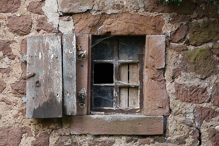 fenêtre de, bâtiment, disque, volet de fenêtre, pierres, ferme, cassé