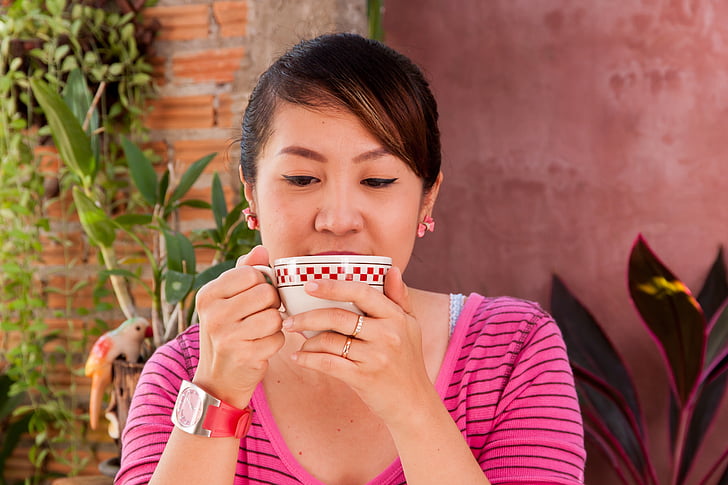 女性, アジア, コーヒーを飲む, リラクゼーション, リラックス