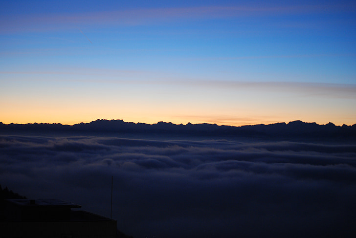 Алпи, изгрев, море от мъгла, планини, мъгла, сутрин, планинска верига