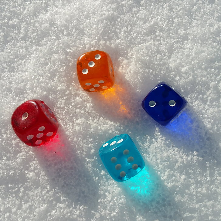 kub, färgglada, transparent, snö, lycka till, Lucky dice, bakgrundsbild