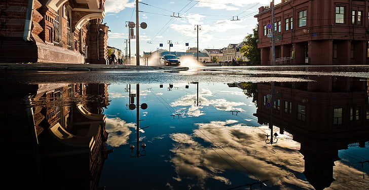 отражение, облака, воды, дорога, Архитектура, здания, город