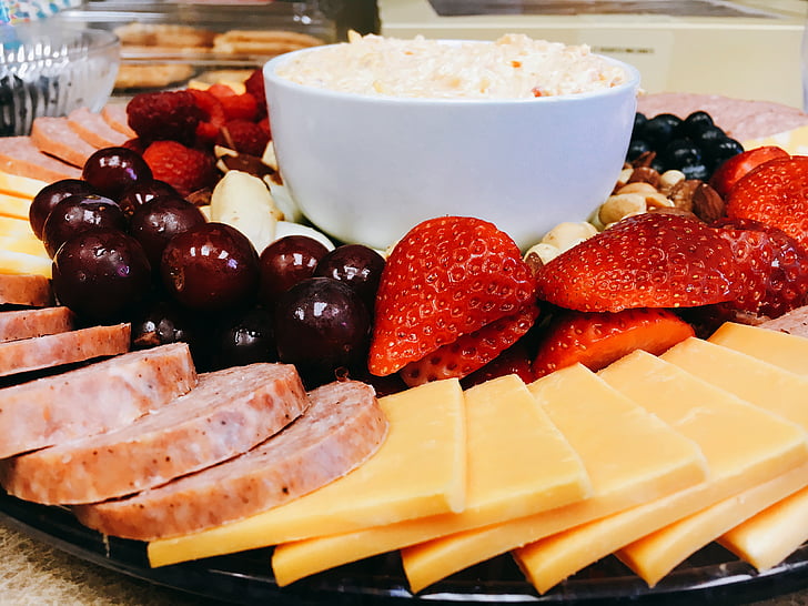 fruit tray, catering, cheese tray, strawberry, grape, summer sausage, cheddar