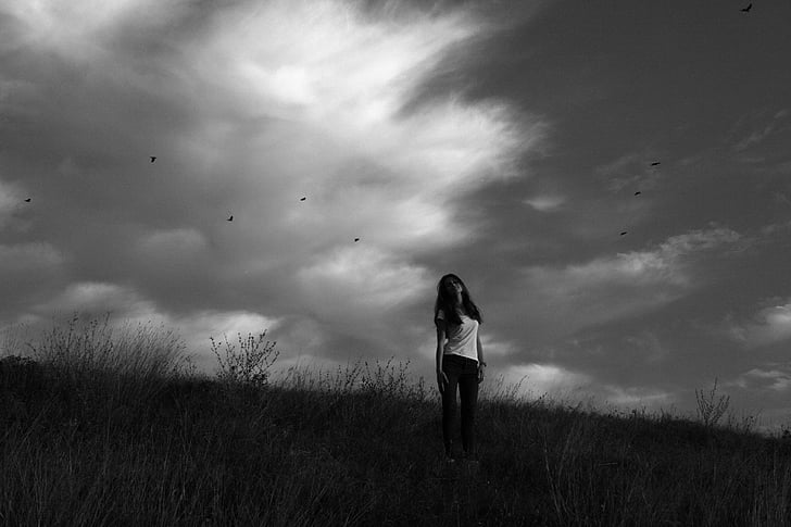 girl, cloud, grass, birds, sky, autumn, beauty
