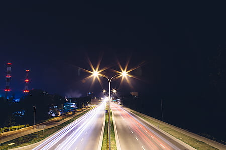 Autobahn, coches, carretera, luces, larga exposición, movimiento, autopista