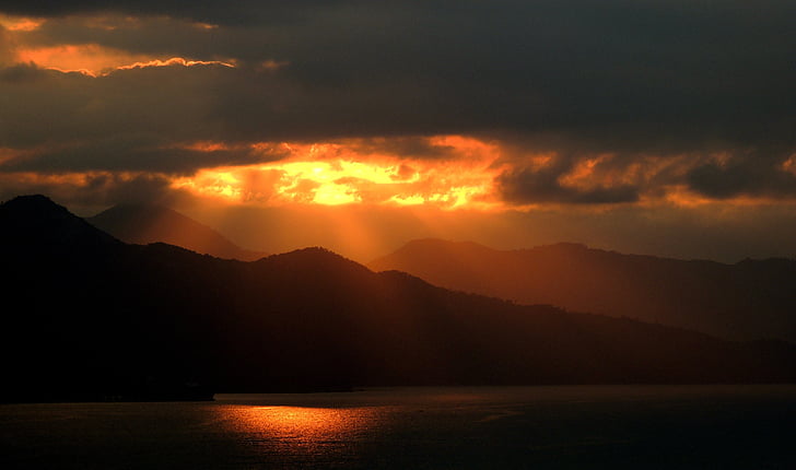 silhouette, mountain, golden, hour, sunset, Sunset, Mountains, Island
