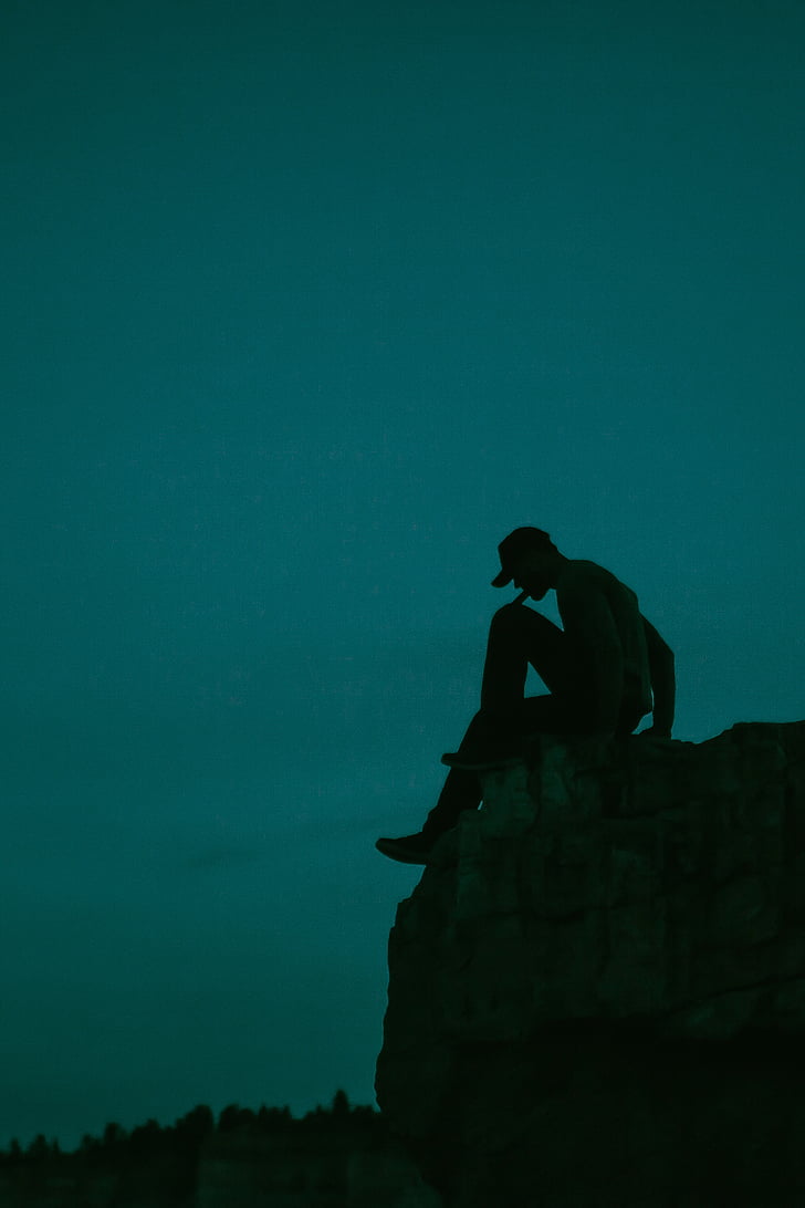 man, sitting, edge, stone, guy, silhouette, dark