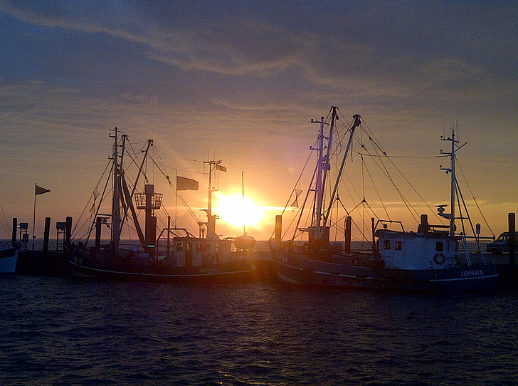 coucher de soleil, mer du Nord, Nordfriesland, Cutter