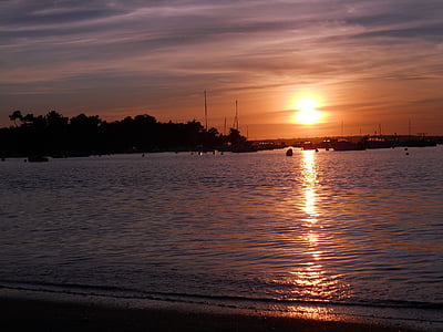 stranden, solnedgång, solen, Sand, Ocean, båt, Horisont