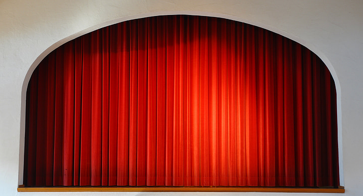 scenen, gardin, teater, rød