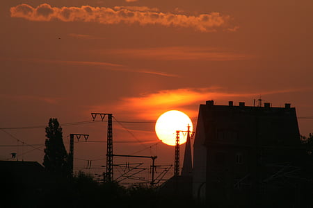 слънце, сутрин, романтичен, къща, град, промишленост