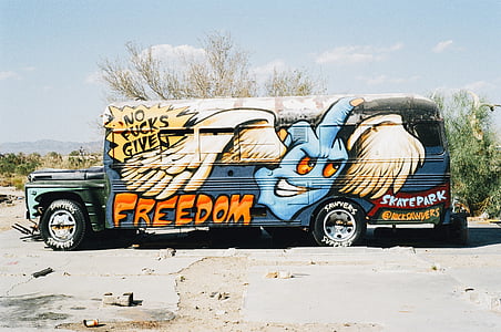 niebieski, pomarańczowy, czarny, pudełko, samochód ciężarowy, graffiti, Autobus