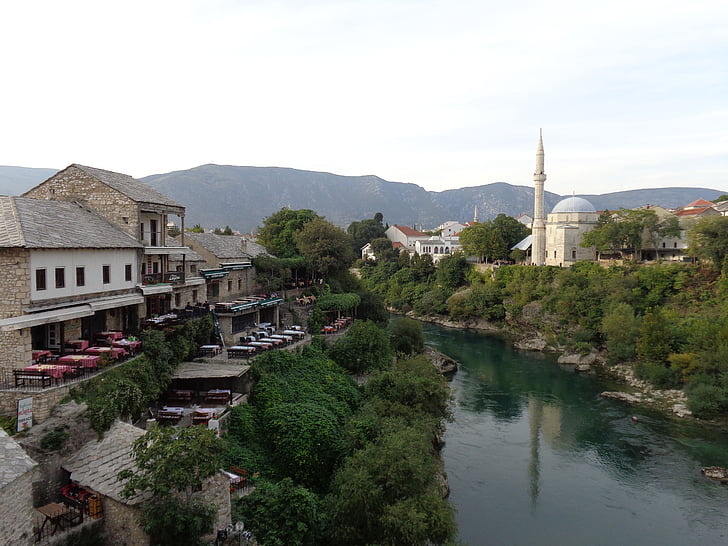 Mostar, Bosnien, Hercegovina, moske, islam, floden, den gamle bydel