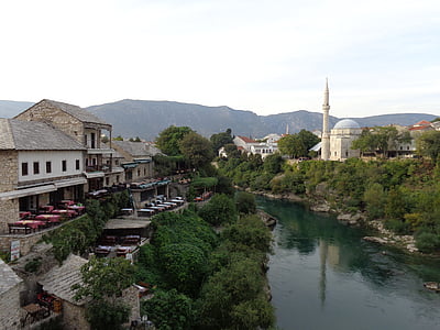 Mostar, Bosnien, Hercegovina, moskén, islam, floden, gamla stan