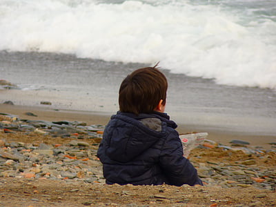vaikas, jūra, paplūdimys, banga, atostogų, vaizdu į jūrą