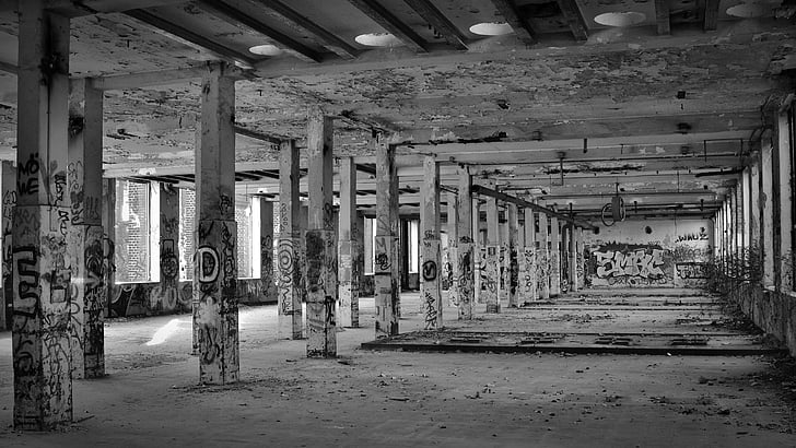 lost places, factory, black white, industrial building, leave, old factory, ruin