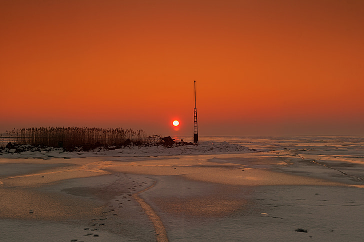 solnedgång, Balatonsjön, vinter, Ice, kalla, röd, sjön