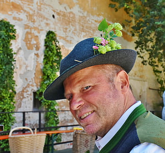 hombre, Baviera, Retrato, sombrero, traje, Trachtenhut, cosecha de lúpulo