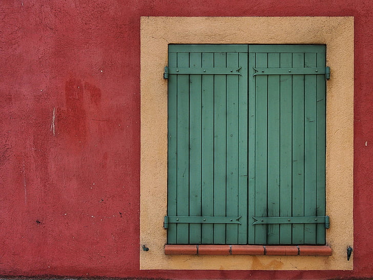 màu xanh lá cây, gỗ, cửa sổ, màn trập, màu đỏ, cửa chớp, bức tường